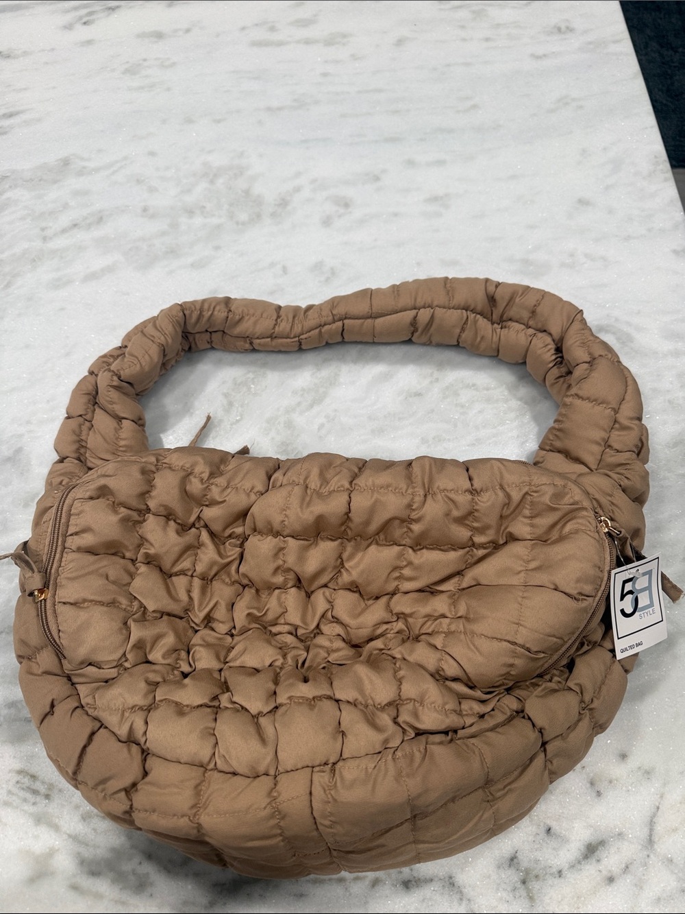Quilted Puffer Shoulder Bag in Tan